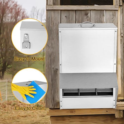 Galvanized Chicken Feeder, 30LBS Capacity Weatherproof Steel Outdoor Coop Food Dispenser, Rat Proof Hanging Chicken Feeder with Lid, Poultry Feeders No Waste for Chicken and Duck, Silver