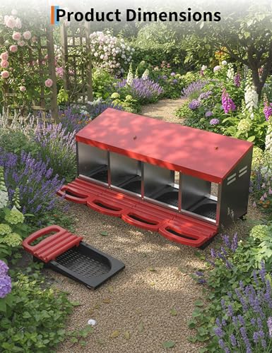 4 Hole Roll Away Chicken Nesting Box - Chickens Laying Box with Removable Tray, Easy Egg Collection & Cleaning, Metal Nesting Boxes for Backyard, Farm, Poultry Coop - color: red, size: 4 Compartments