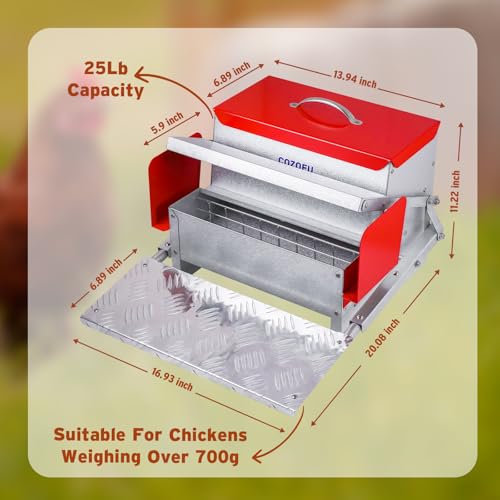 Feeders Automatic Chicken Feeder - Large Capacity for 6-12 Chickens, Lasts 10 Days (25lb Feed), Durable Galvanized Steel, Rat-Proof, No-Spill, Weatherproof Lid - color: Red, size: 25LB