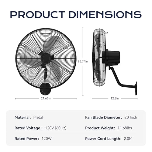 Tehanld Industrial Wall Fan 20 Inch - 3400 CFM High Velocity Airflow, Heavy Duty Metal Wall Mounted Fan with 80° Oscillation & Adjustable Tilt, 3-Speed Commercial Fan for Workshop & Patio - size: 20 INCH