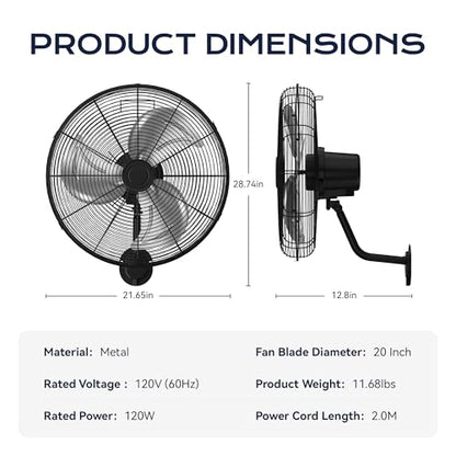 Tehanld Industrial Wall Fan 20 Inch - 3400 CFM High Velocity Airflow, Heavy Duty Metal Wall Mounted Fan with 80° Oscillation & Adjustable Tilt, 3-Speed Commercial Fan for Workshop & Patio - size: 20 INCH