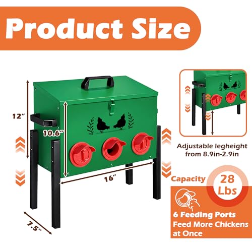 30 LB Large Automatic Chicken Feeder, No Waste Metal Poultry Feeder with 8 Ports, Weatherproof Outdoor Dispenser with Adjustable Legs & Locking Lid for Backyard Chickens, Green
