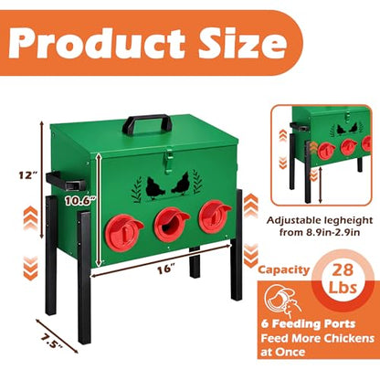30 LB Large Automatic Chicken Feeder, No Waste Metal Poultry Feeder with 8 Ports, Weatherproof Outdoor Dispenser with Adjustable Legs & Locking Lid for Backyard Chickens, Green