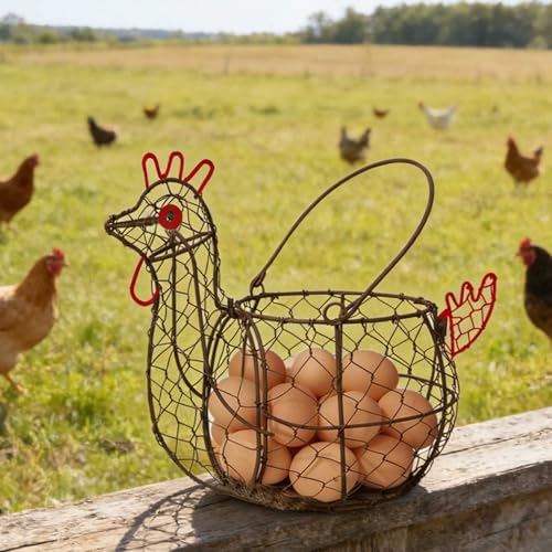 Rustic Wire Egg Basket with Handle, Rooster Chicken Shaped | Metal Construction, Holds 15-30 Eggs, Farmhouse Countertop Decor, Chicken Coop, Easter and Gift