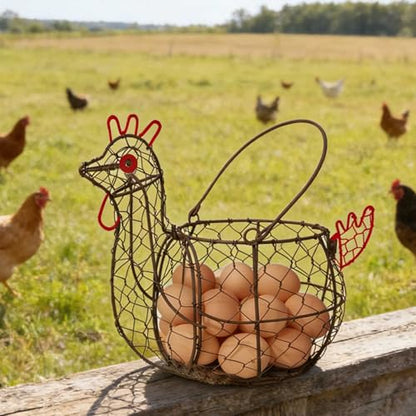 Rustic Wire Egg Basket with Handle, Rooster Chicken Shaped | Metal Construction, Holds 15-30 Eggs, Farmhouse Countertop Decor, Chicken Coop, Easter and Gift