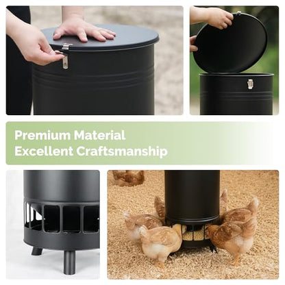 Solution4Patio 65 LB Large Chicken Feeder No-Waste, Portable Gravity Chicken Feeder Automatic, Dispenser, 16 Feeding Ports Poultry Feeder, Hen Coop (Black)