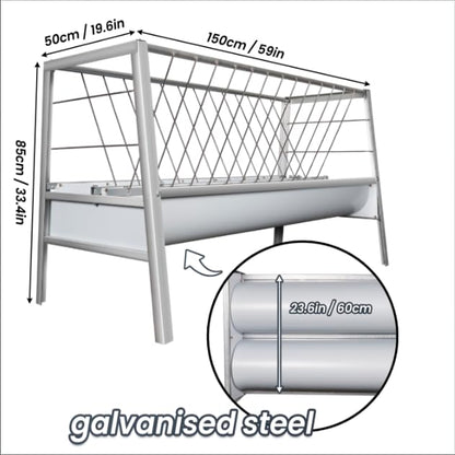 Stainless Steel Feeder with Galvanized Trough Hay Rack, 77 Gallon Capacity 60-Inch Length 2 in 1 Hay Feeder for Goats, Sheep and Ponies, Deeper Tray, 33.4-Inch Height for Farms, Sheep Sheds, Pastures