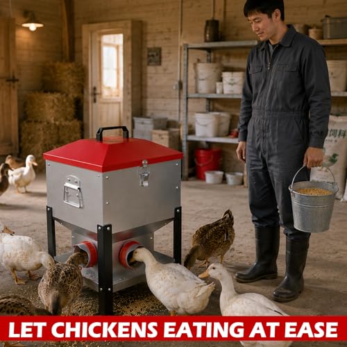 35LB Large Automatic Chicken Feeder- 4 Ports Metal Chicken Feeders, Dual No Waste Design with Locking Lid & Riveted Handles, Rainproof Poultry Feeder for Chickens, Ducks, Geese - size: 4 Ports