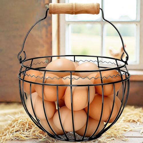 Wire Egg Basket for Gathering Fresh Eggs with Foldable Wooden Handle, Vintage Farmhouse Chicken Egg Collecting Basket for Countertop Kitchen, Holds Up to 24 Eggs, Easter & Christmas Decor
