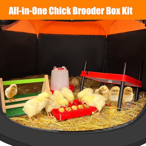 Brooder Box for Chick, 6-in-1 Chick Starter Kit, Includes Brooder Heating Plate, Baby Chicken Pen, Chicken Feeder, Waterer, Perch, Nesting Pad (Brooder Set) - color: Orange, Black
