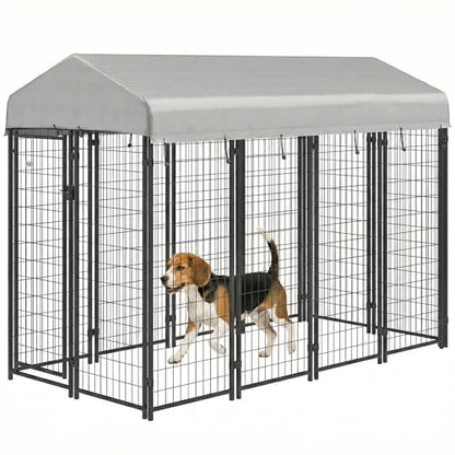 PawHut Outdoor Dog Kennel with Roof, 8' x 4' x 6' Heavy Duty Welded Wire Dog Playpen Enclosure with Escape-Proof Lock, UV-Resistant & Waterproof Cover, for Medium Dogs, Chickens, Ducks, Silver - size: 96.0"L x 48.0"W x 72.0"H, style: Single Room