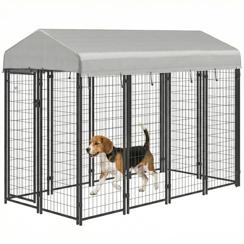 PawHut Outdoor Dog Kennel with Roof, 8' x 4' x 6' Heavy Duty Welded Wire Dog Playpen Enclosure with Escape-Proof Lock, UV-Resistant & Waterproof Cover, for Medium Dogs, Chickens, Ducks, Silver - size: 96.0"L x 48.0"W x 72.0"H, style: Single Room