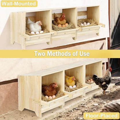 Chicken Nesting Box with Perches, 3 Compartments Wooden Egg Laying Nest Box for Chicken Coop, Floor/Stand/Wall Mount Large Chicken Nesting Boxes for Hens, Ducks, Chickens