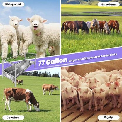 77Gal Pasture Hay Feeder, 2-in-1 Multi-Functional Livestock Feeder, Elevated & Stable Frame, Large Volume Stainless Steel Container for Farm Ranch Kinds of Livestock