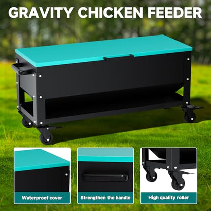 Heavy Duty Chicken Feeder 120 lbs Large Capacity, Metal Automatic Poultry Feeding Box with Waterproof Lid, Raised Standing Feeder with Wheels for Hens & Roosters, Portable & Easy to Move - color: Green