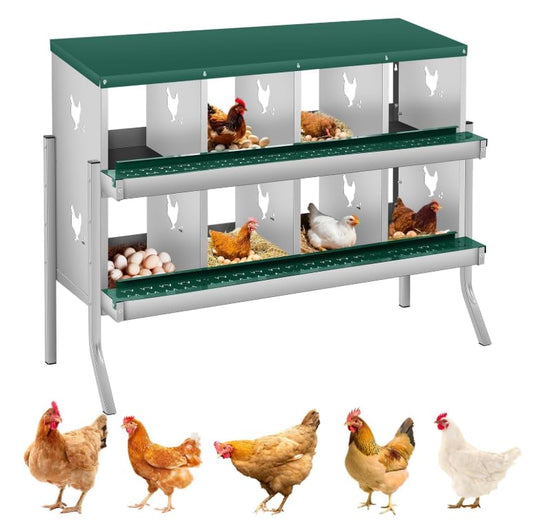 Chicken Nesting Boxes, 8 Compartment Metal Stainless Steel Chicken Laying Boxes with Legs, Removable Roll-Away Trays & 2-in-1 Perch, Easy to Clean and Install, for Outdoor Chicken Coop, Green - color: Dark green, size: 8 Room&Mat eggs