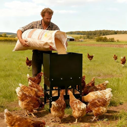 55-70LBS Large Chicken Feeder No Waste 16-Ports Automatic with Magnetic Baffle to Prevent Rodents and Mice Large Poultry Feeder Adjustable Height Suitable for All Poultry, Weatherproof - color: 55-70LBS