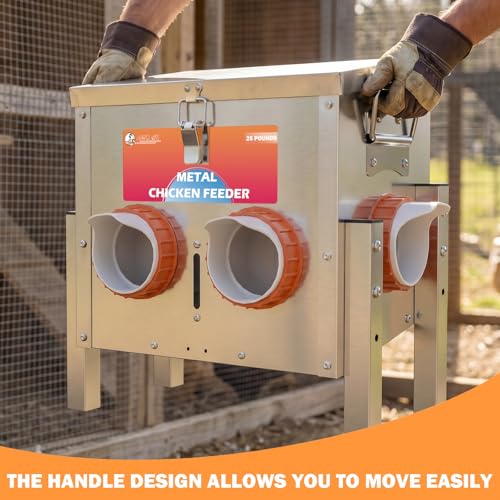 Automatic Chicken Feeder No Waste 25 Pounds 4 Ports Metal Poultry Feeder with Adjustable Legs Perspective Window Latch & Handle for Chickens Bantams Pheasants - size: 4 Ports - 25 LBS