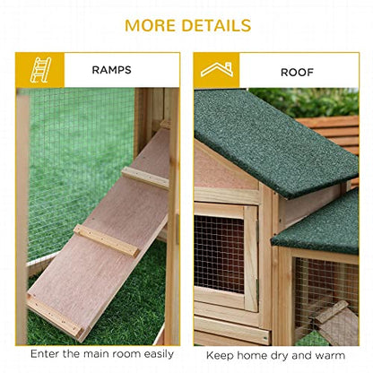 PawHut 83" L Outdoor Rabbit Hutch with Double Runs, Large Guinea Pig Cage Indoor, Wooden Bunny Hutch with Weatherproof Roof, Removable Tray, Ramps, for Rabbits, Chickens, Ducks, Natural - color: Natural