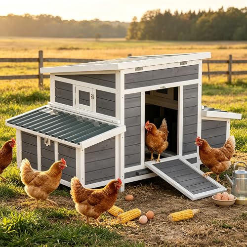 Chicken Coop, Large Wooden Chicken House with Waterproof Roof & Pull-Out Tray, Outdoor Chicken Hutch with 6 Nesting Boxes, Duck Coop Hen House for 4-6 Chicken, Grey - color: Grey