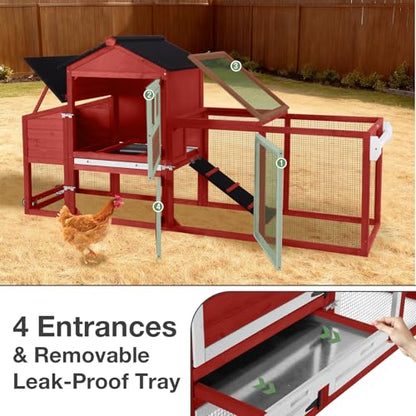 Large Mobile Chicken Coop Wooden with Wheels, Expandable Outdoor Chicken House with Nesting Box & Pull-Out Tray, Easy-Clean Poultry Coop for 2–3 Chickens & Ducks - color: Red