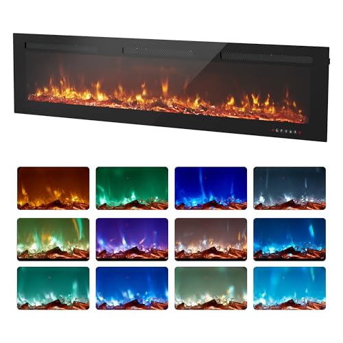 EUHOMY 72 Inch Electric Fireplace Wall Recessed and Wall Mounted with Adjustable Flame Color, Fireplace Heater with Remote Control, Linear Fireplace with Timer, Touch Screen, Log & Crystal, 750/1500W - size: 72 Inch