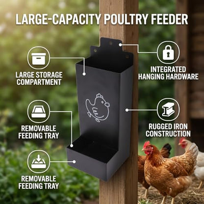 Fdit Hanging Chicken Feeder Iron, Large Capacity Poultry Feed Box with Detachable Water Tray 23.4cm for Cage Tree Branch Mount with Screws