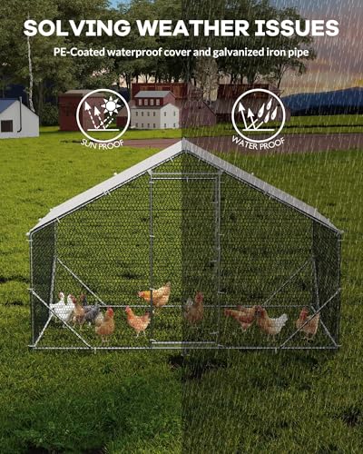 Heavy Duty Large Metal Chicken Coop for Hens –Walk-in Poultry Cage with Waterproof UV-Resistant Cover ＆ Reinforcing Ribs, Ventilated Peaked Roof Outdoor Hen House for Backyard, 9.8'Wx19.7'Lx6.6'H - size: 118.1"L x 78.7"W x 78.7"H