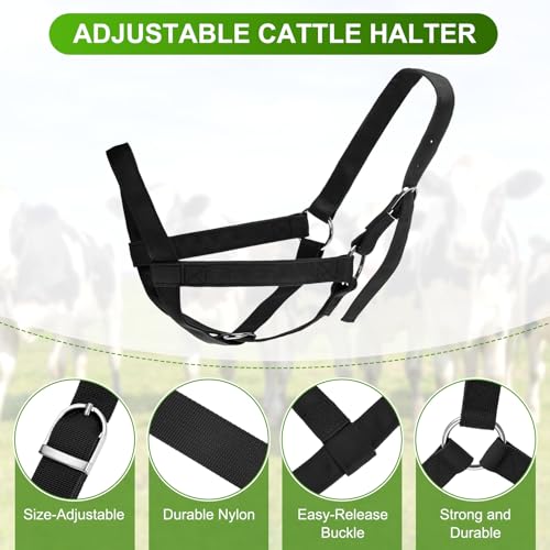 M METERXITY 2-Pack Adjustable Cattle Cow Calf Halter, 12.6"-18.9" Nylon Livestock Cow Halter with Leading Rope for Miniature Horse/Donkey/Goat/Cattle [Black]