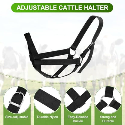 M METERXITY 2-Pack Adjustable Cattle Cow Calf Halter, 12.6"-18.9" Nylon Livestock Cow Halter with Leading Rope for Miniature Horse/Donkey/Goat/Cattle [Black]