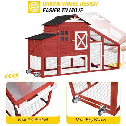 Aivituvin Chicken Coop Mobile Chicken House on Wheels, Rabbit Hutch Bunny Cage Expandable Wooden Poultry Cage with Large Nesting Box Leakproof Pull-Out Tray,UV-Resistant Roof (Red, AIR32) - color: Red, size: AIR32