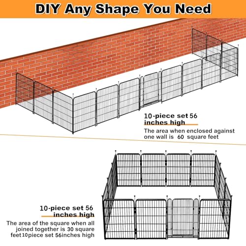 Getlay 56in(H) Garden Fence, 10 Panels Total 22.1 Ft(L), Garden Fence with Low Threshold Gate, Anti Dig Fence Barrier, Fencing for Garden Beds, Black Metal Decorative Garden Fencing - size: 56''(H)-10panels-22.1ft(L)