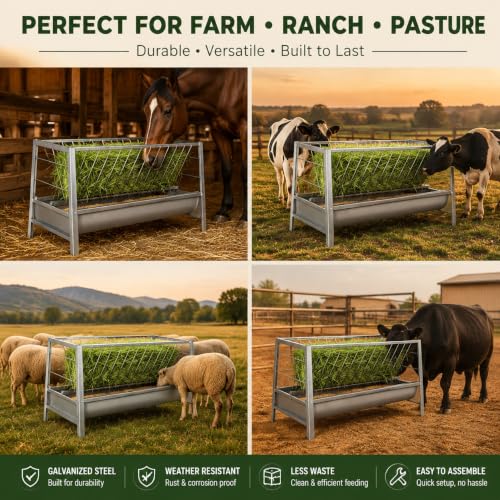77 Gallon Pasture Feeder, Galvanized Steel 2-in-1 Hay & Grain Feeder, Goat Feeder with Anti-Spill Grid Design, Efficient Feeding for Goats, Sheep, Cattle in Small Farms & Large Breeding Sites