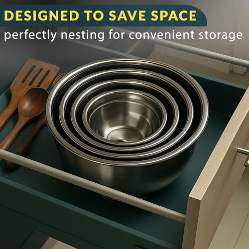 Baker's Signature Stainless Steel Mixing Bowls With Lid, Metal Mixing Bowl Set Of 5, Nesting Set For Food Prep, Baking,Storage, Cooking, Serving | Dishwasher Safe, 0.5/1.5/3/4/5 Qt - size: Set of 5