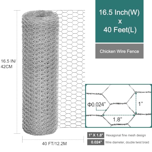 Chicken Wire Fencing, 24 Rifny 16.5 Inch x 40 Feet Chicken Wire Mesh Roll for Garden Plants, 1 Inch Mesh Hexagonal Galvanized Metal Poultry Wire Netting for Chicken Coop Rabbit Dogs Barrier - size: 16.5 x 480 Inches-1 Inch Mesh