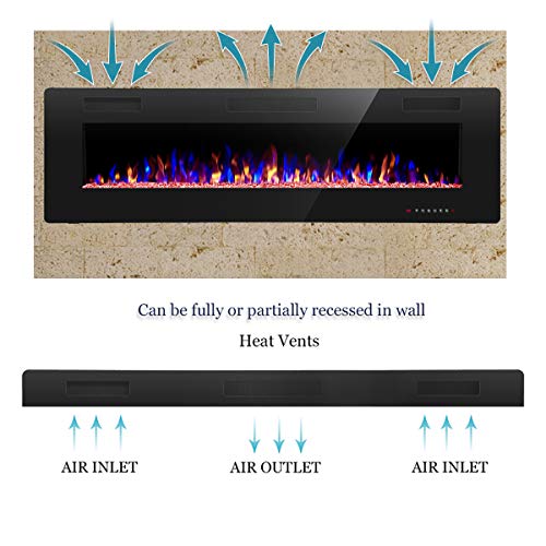 R.W.FLAME 60" Recessed and Wall Mounted Electric Fireplace, Low Noise, Fit for 2 x 6 Stud, Remote Control with Timer, Touch Screen, Adjustable Flame Color and Speed, 750-1500W - size: 60"