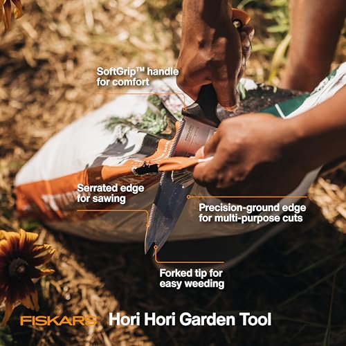 Fiskars Hori Hori Garden Knife with Sheath, Multi-Purpose Heavy Duty Gardening Hand Tool for Weeding, Planting, Digging with Hanging Hole - style: Hori Knife