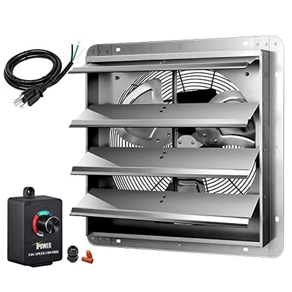 iPower 16 Inch Wall Mounted Shutter Exhaust Fan with Speed Controller and Power Cord Kit, Aluminum, 1550 RPM, 1200 CFM, for Attic, Garage, Louvered Vent, Plant, Greenhouse, Silver - size: 16 Inch, style: Speed Controller Exhaust Fan(with Power Cord)