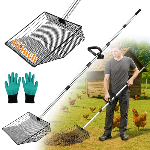 15 Inch Extra Large Chicken Poop Scooper, 37" to 76" Long Stainless Steel Chicken Litter Scoop with Handle and Gloves, Sifting Shovel Pooper Rake Waste Cleaning Tool for Chicken Coop Goat Stall Stable