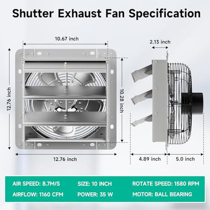 10" Shutter Exhaust Fan - Heavy Duty AC Motor, 1160 CFM Airflow | For barns, garages and attics. 24/7 continuous duty rated. Manual power switch included. Rust-proof steel. 10-year life. - size: 10in