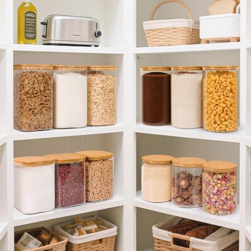 ComSaf Glass Food Storage Containers, 3.6Qt/1.2Qt Glass Flour and Sugar Containers with Airtight Lids, Large Square Jars with Bamboo Lids for Rice, Pasta, Oats, Grains, Cookies, Snacks, Candy - color: 3.6Qt/1.2Qt-Square