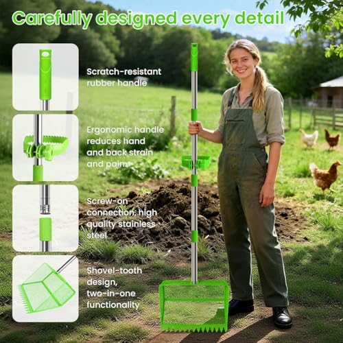 2026 Upgraded 2-in-1 Chicken Poop Scooper & Rake with Handle, 12inch Heavy-Duty Metal Chicken Coop Scoop for Sand Sifting Shovel Litter Scooper for Farm House Chicken Coop Cleaning Tools Accessories - color: Green