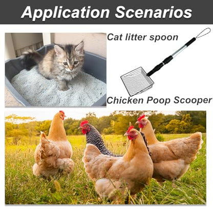Chicken Poop Scooper 3 in 1 Adjustable Long Handle Litter Metal Scoop Heavy Duty Metal Chicken Poop Scooper Litter Sieving Shovel, Chicken Coop Accessories (22-41.7")
