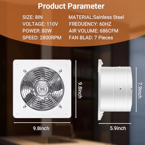 8 inch Exhaust Fan, 686CFM Wall Mounted Vent Fans Metal Kitchen Exhaust Fan | High Airflow Extractor Fan 110V 80W, Small Fume Extractor Ventilation Fan for Attic Chicken Coop Basement Smoking Room Garage - size: 8 inch