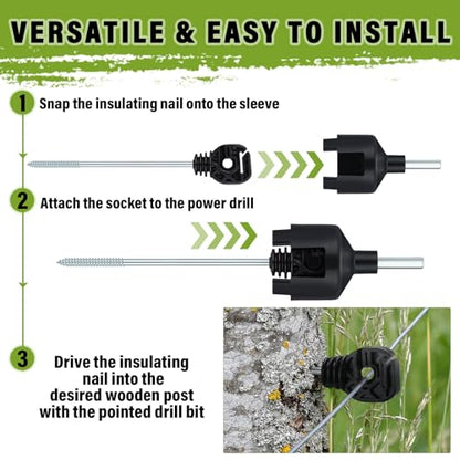 Tandefio 25 Pcs Electric Fence Wire Insulator with 1 Pcs Insulator Socket Tool Screw in Insulator Black Wood Fence Post Insulator Long Arm Post Insulator for Animal Agricultural Garden Fence