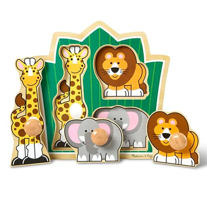 Melissa & Doug Jungle Friends Safari Animals Jumbo Knob Puzzle, Wooden Peg Puzzle for Toddlers, Educational Toy for Shape Recognition and Fine Motor Skills, Ages 1+ - style: Safari Animals