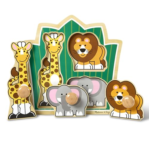Melissa & Doug Jungle Friends Safari Animals Jumbo Knob Puzzle, Wooden Peg Puzzle for Toddlers, Educational Toy for Shape Recognition and Fine Motor Skills, Ages 1+ - style: Safari Animals
