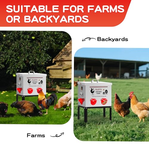 40LB Automatic Chicken Feeder with 6 Ports, Heavy Duty Metal No-Waste Poultry Feeder, Rustproof & Weatherproof Design with Adjustable Legs & Locking Lid