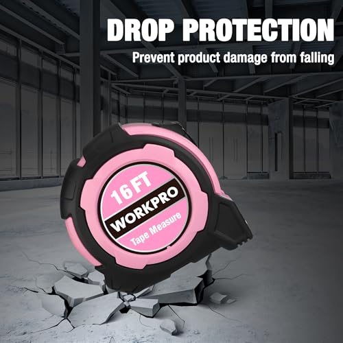 WORKPRO 16FT Pink Tape Measure, 1/8 Fractions Easy Read Measuring Tape, Retractable Nylon Coating Measurement Tape Accuracy 1/32, Magnetic Hook, Belt Clip, Rubber Protective Casing - color: Pink, size: 4.9 m