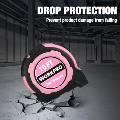 WORKPRO 16FT Pink Tape Measure, 1/8 Fractions Easy Read Measuring Tape, Retractable Nylon Coating Measurement Tape Accuracy 1/32, Magnetic Hook, Belt Clip, Rubber Protective Casing - color: Pink, size: 4.9 m
